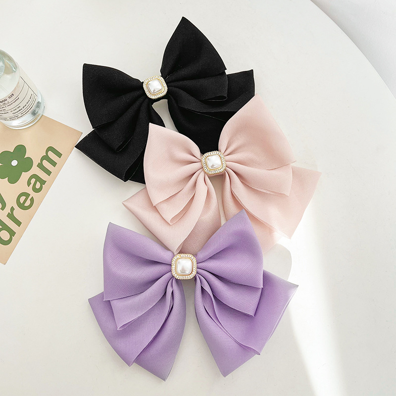 Temperament Wild Satin Fabric Big Bow Pearl Barrettes Korean Internet Celebrity Back Head Spring Clip Hairpin E290