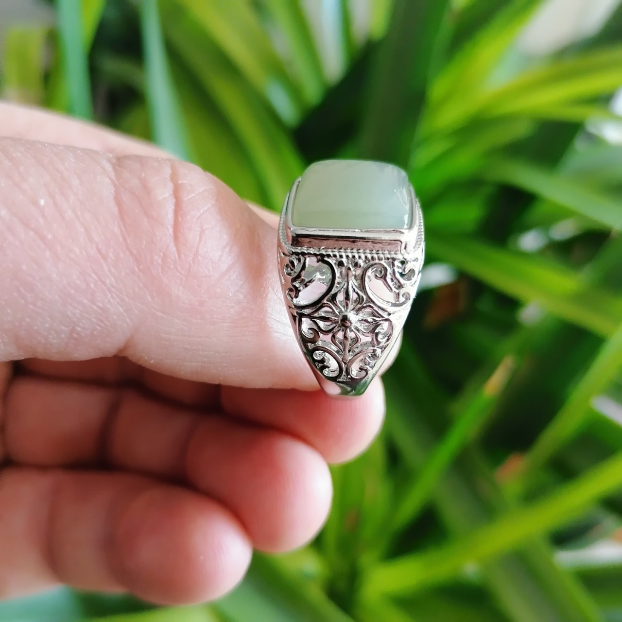 批发s925银镶嵌和田玉戒指白玉男士戒指正方形戒面活口男戒