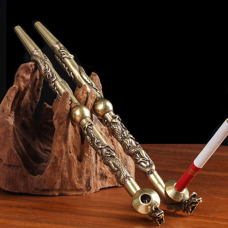 纯铜烟杆老式复古龙头雕刻便携男士卷烟用五孔长烟斗创意直通烟杆