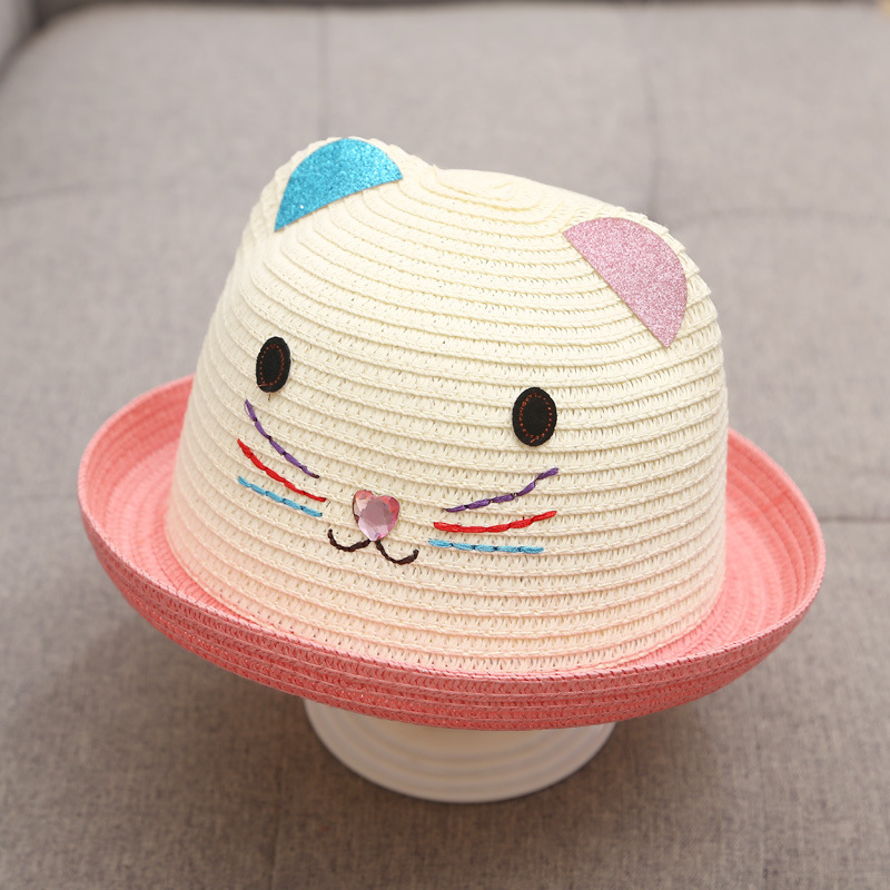 Summer Children's Fun Children's Straw Hat Embroidered Cat with Ears Small Flip Hat with Sequins Bay Hat Sun Hat 52cm