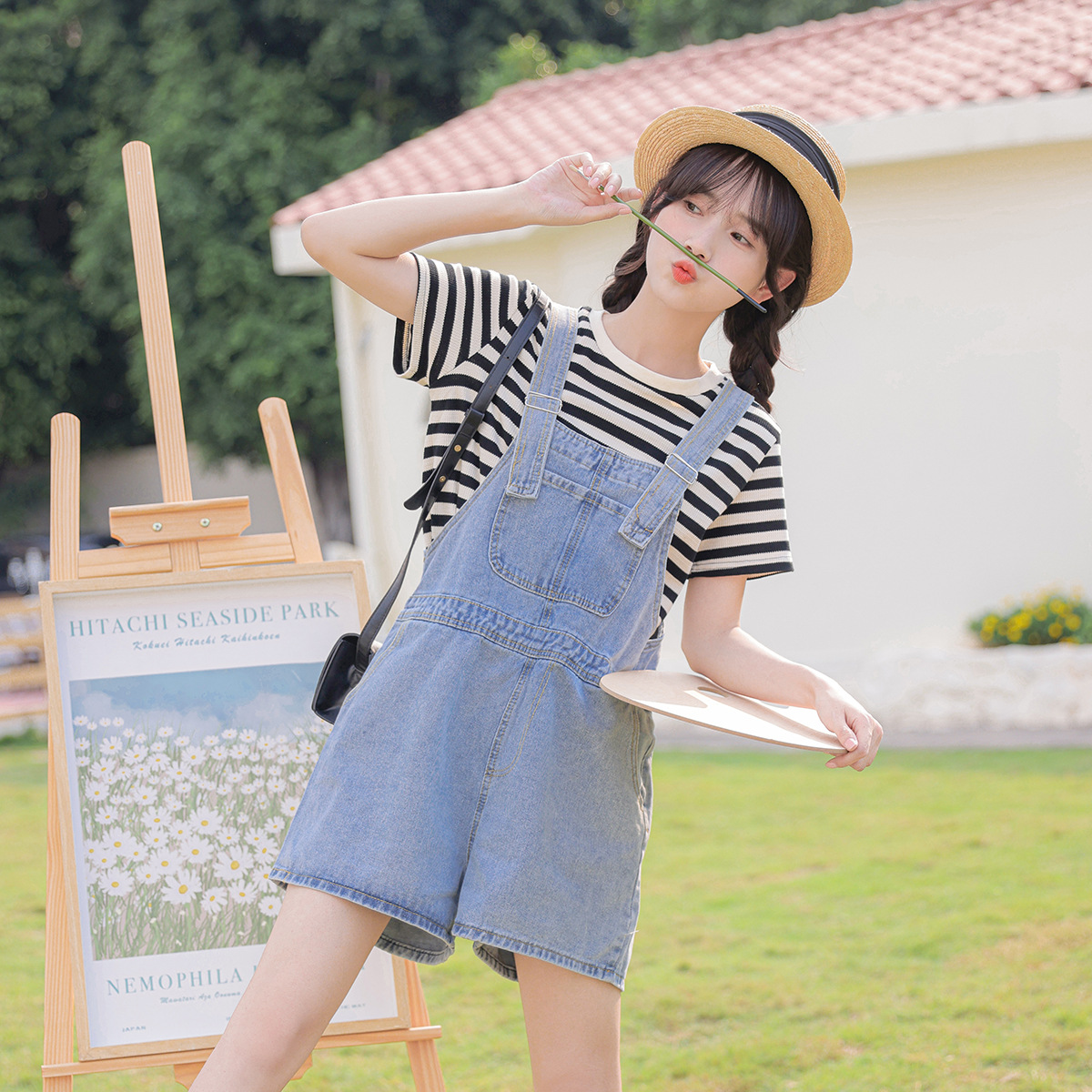 学院风甜美牛仔背带裤女夏季新款韩版设计感减龄显瘦宽松休闲短裤