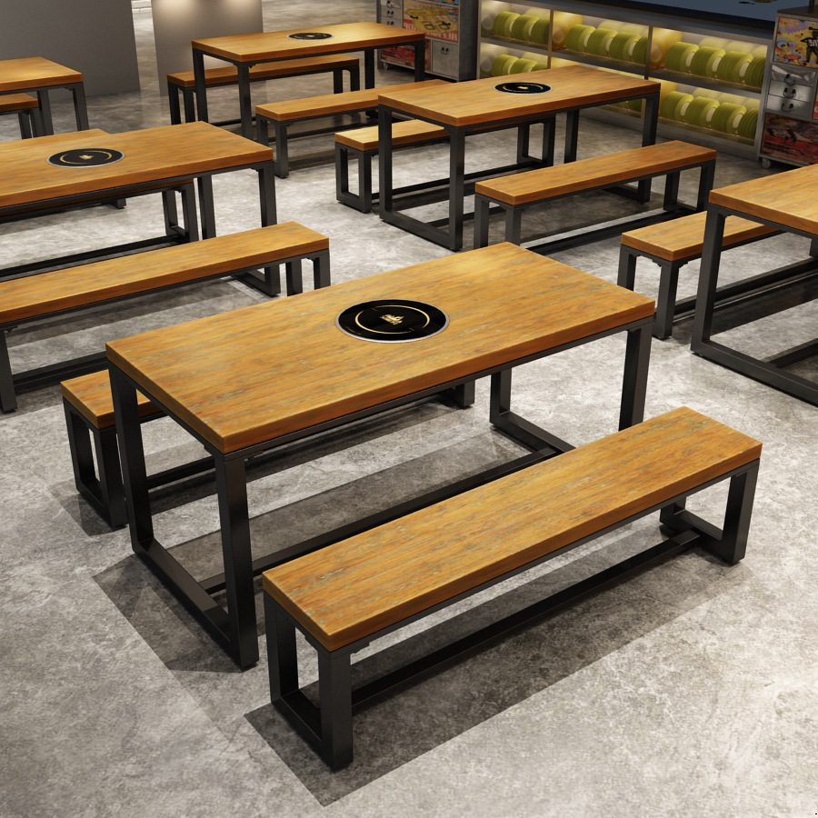 简约火锅店桌子烤肉串串火锅一体桌自助餐实木烤肉桌电磁炉火锅桌