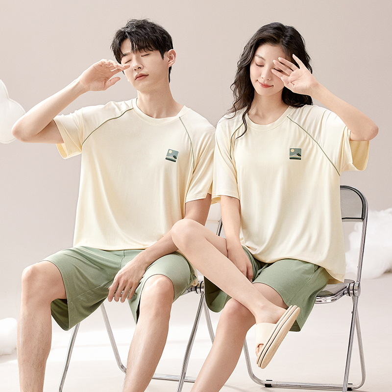 with Chest Pad 2024 Summer Pajamas Couple Modal Short-Sleeved Two-Piece Set Spring and Summer Solid Color Men's Soft Homewear