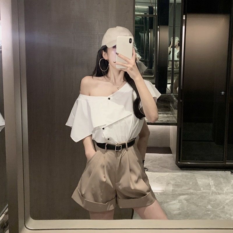 2021夏季新款韩版一字领露肩衬衣 a字休闲阔腿裤两件套裤子套装女