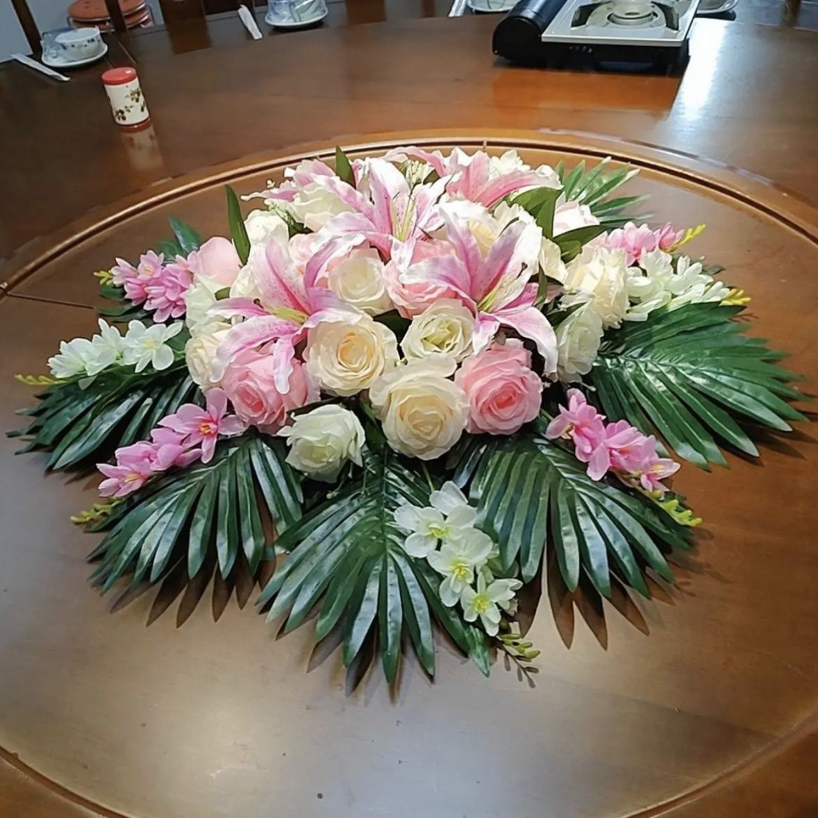 酒店餐桌花艺摆件饭店大圆桌桌面转盘中间桌花摆设装饰摆花假