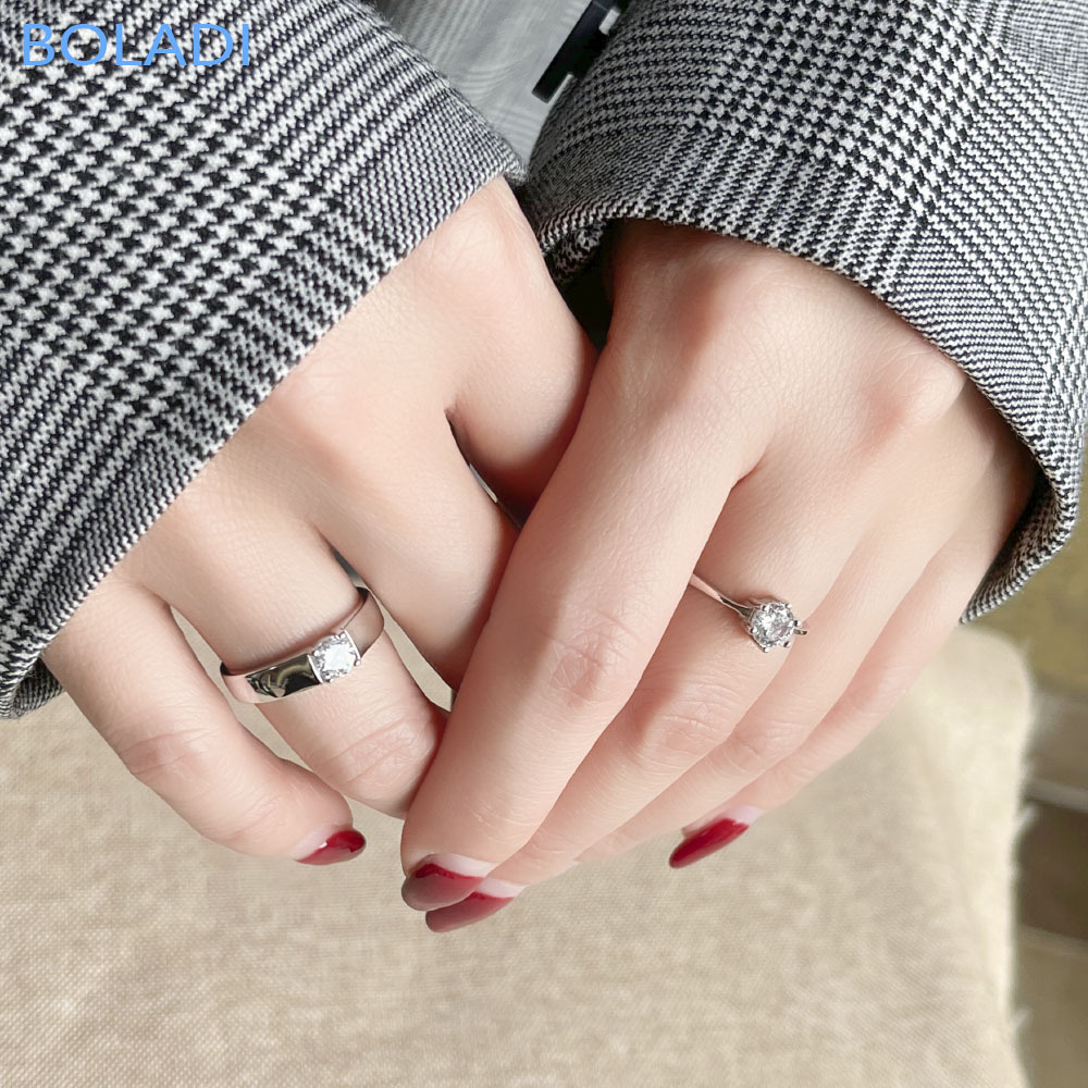纯银锆石轻奢情侣结婚指环男女对戒时尚活口可调节圣诞送银饰礼物