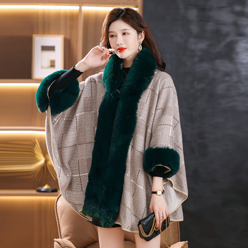 仿水貂绒配旗袍披肩女秋冬新款外穿开衫纯色毛衣外套斗篷披风女款