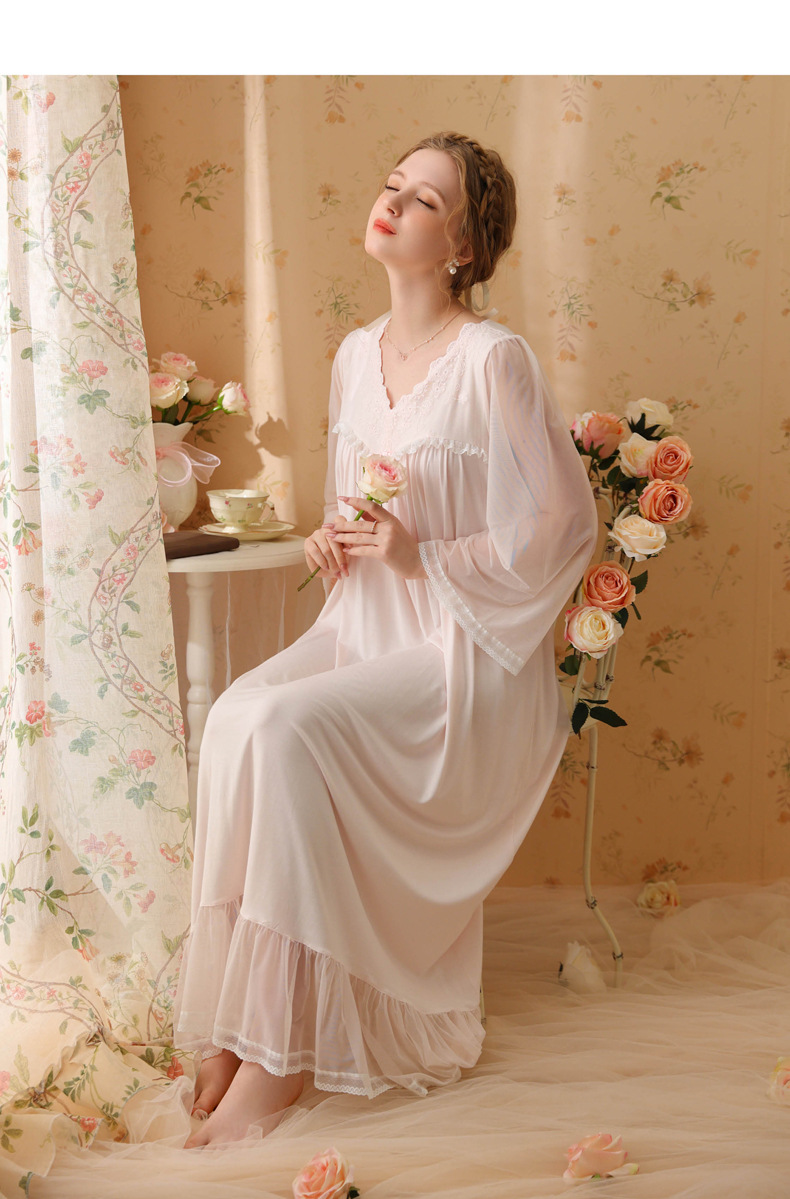 法式宫廷风睡衣女2024夏新品莫代尔蕾丝甜美公主 v领显瘦超长睡裙