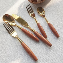 304不锈钢木柄勺子亮光金色牛排刀叉沙比利西餐甜点勺叉餐具套装