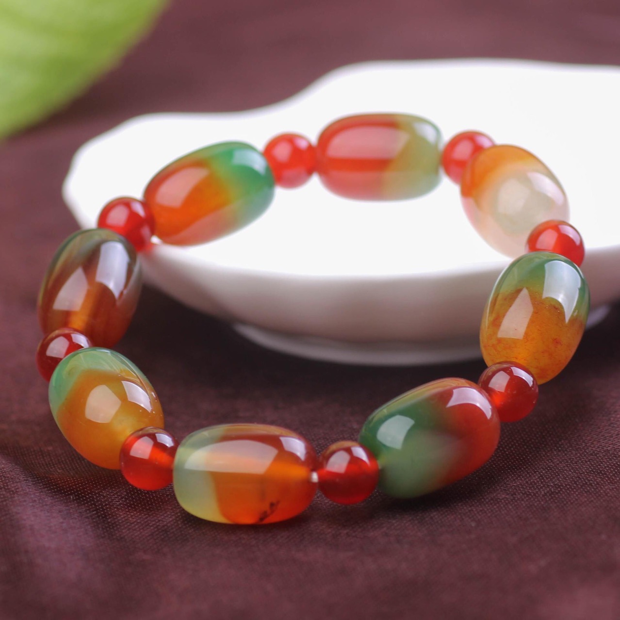 天然孔雀玛瑙手链桶珠玛瑙饰品手链玛瑙老型珠手串手链多宝色饰品