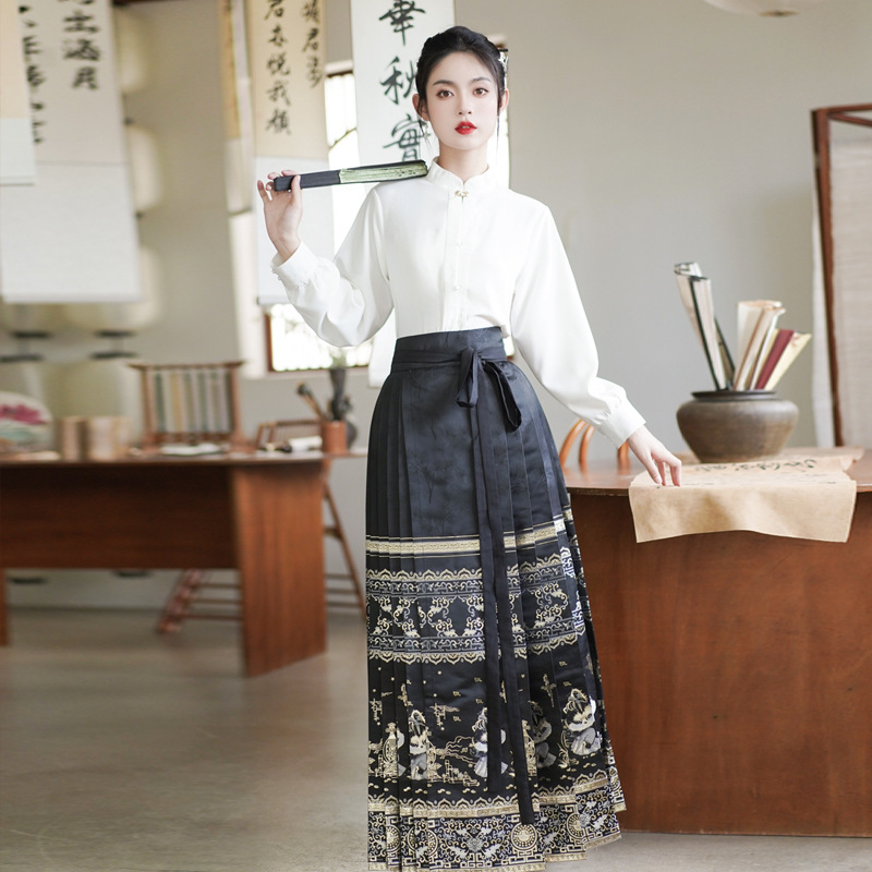 新中式明制飞鱼服套装女立领盘扣衬衫重工织金刺绣马面裙两件套秋