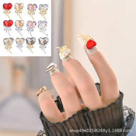 新款跨境美甲饰品蝴蝶结美甲歪桃心钻金属指甲穿戴甲钻饰品歪心钻