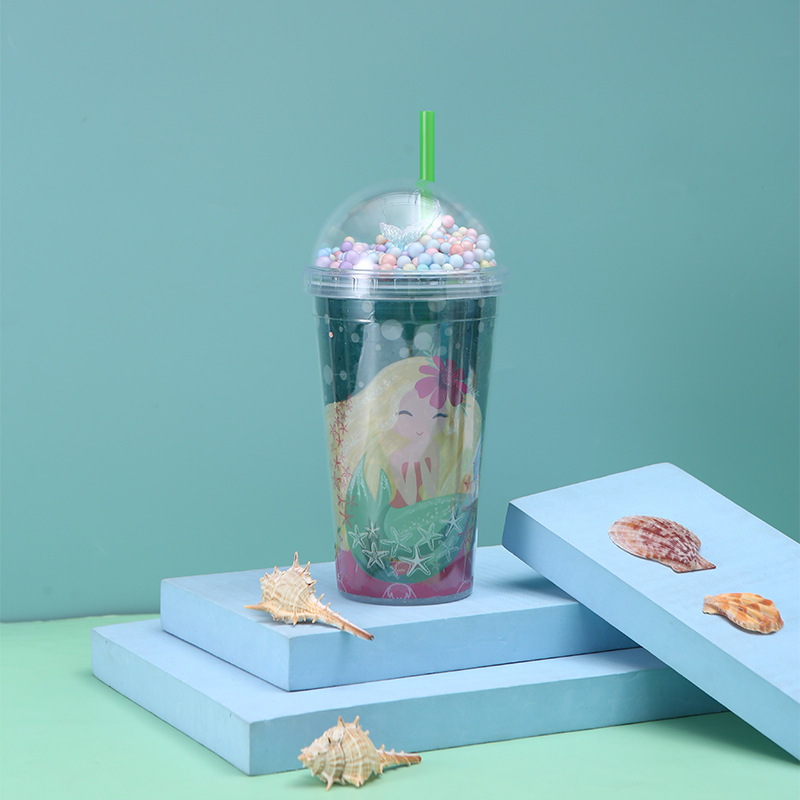 Good-looking New Mermaid Cup with Straw Summer Crushed Ice Cup Ice Cup Cute Girl Ice Cup Double-Layer Plastic Cup