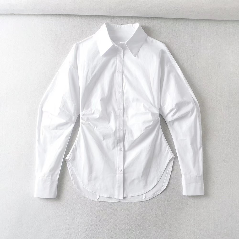 472-跨境批发2024秋季新款女装欧美风翻领长袖收腰修身衬衫白衬衣