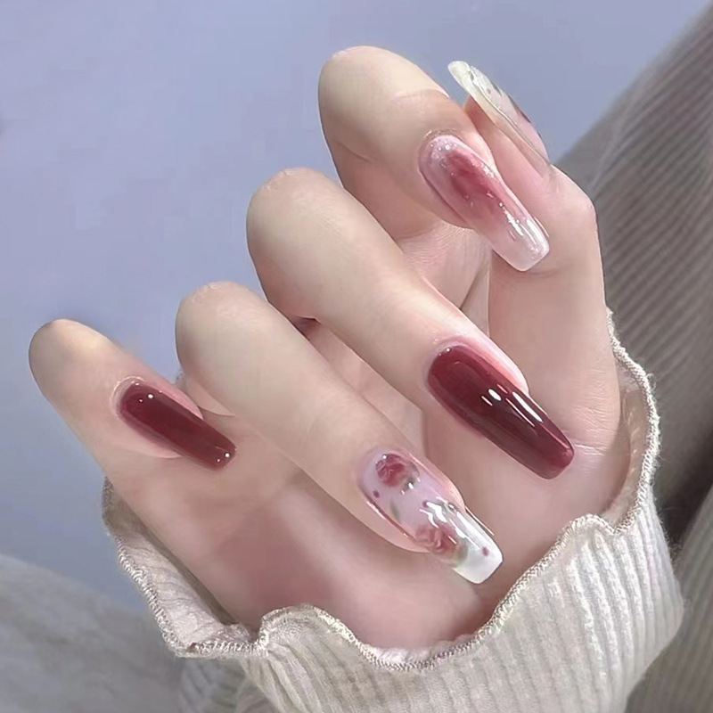 冰透红棕色乌龙玫瑰夏日新品长款美甲穿戴甲批发热销款甲片nails
