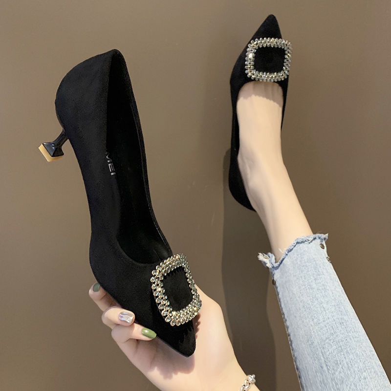 女式带钻高跟鞋2022春季新款百搭宴会黑色浅口中单细尖头一件代发