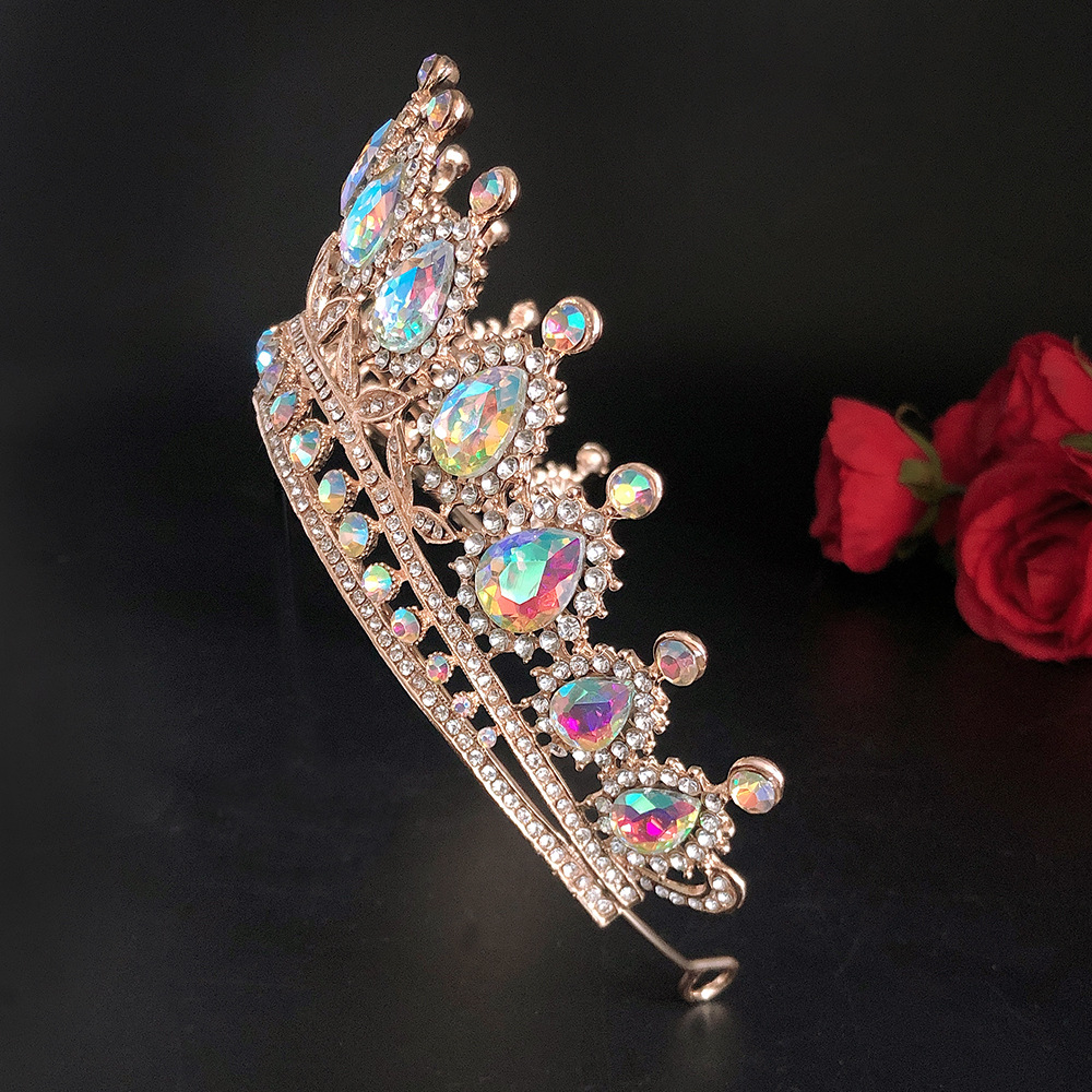 彩色新款新娘皇冠水滴镶钻公主王冠演出生日头饰婚纱礼服配饰皇冠