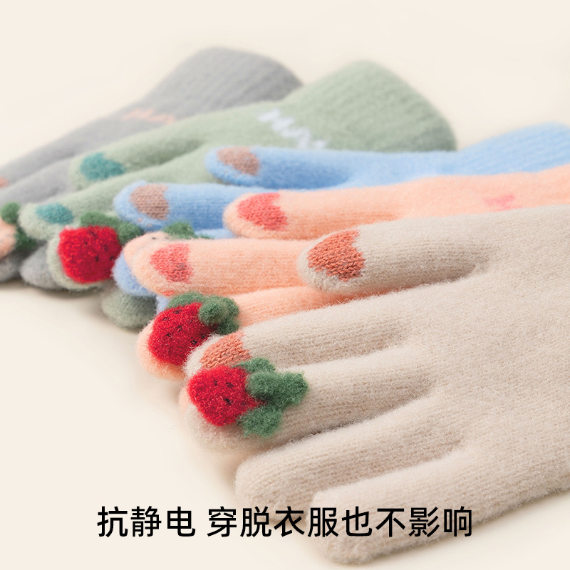 Women's Autumn and Winter Finger Cute Touch Screen Cold-Proof Thermal Knitting Fleece-Lined Cycling Riding Gloves Wholesale Five Fingers