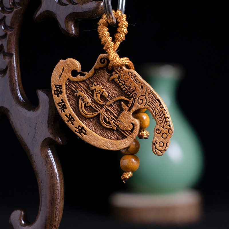 桃木斧子汽车钥匙扣挂件雕刻龙头祥云木雕钥匙扣