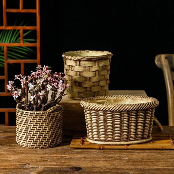 创意复古竹篮水泥花盆家庭室内外园艺竹编落叶花篮龟背竹多肉花盆