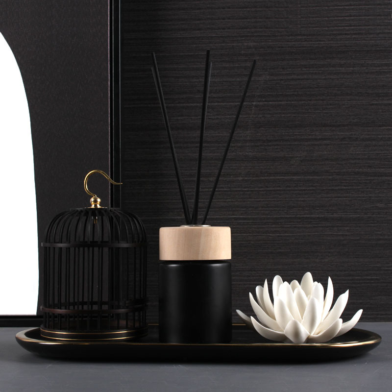 新中式样板房卫生间软装饰品卫浴组合香薰黑金边托盘艺术鸟笼摆件