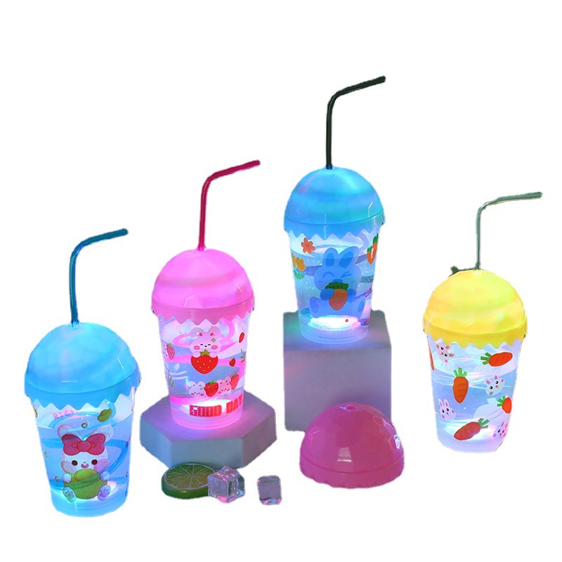 Cartoon Cute Baby Cup with Straw Luminous Children's Drinking Cup PP Straw Good-looking Water Cup Student Plastic Cup