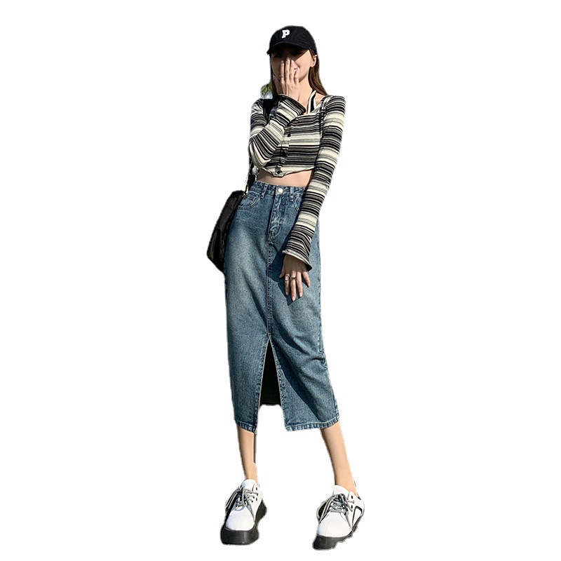 New Women's High Waist Denim Skirt Women's Mid-Length Korean Style Versatile Split Straight One Step Sheath A- line Skirt