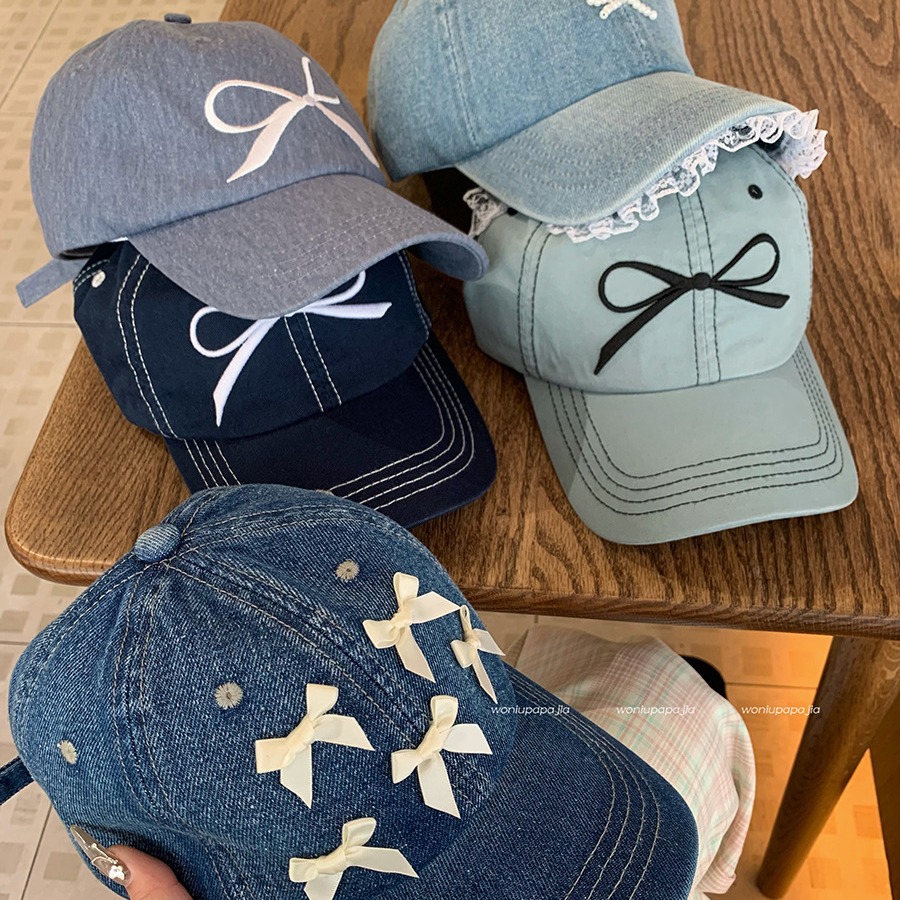 Bow Peaked Cap for Women 2024 New Spring and Summer Korean Style Versatile Ins Washed Denim Sun Protection Baseball Cap