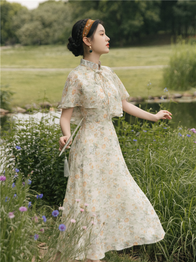 民国风小洋装两件套少女旗袍改良版连衣裙长裙夏季到脚踝仙气森系