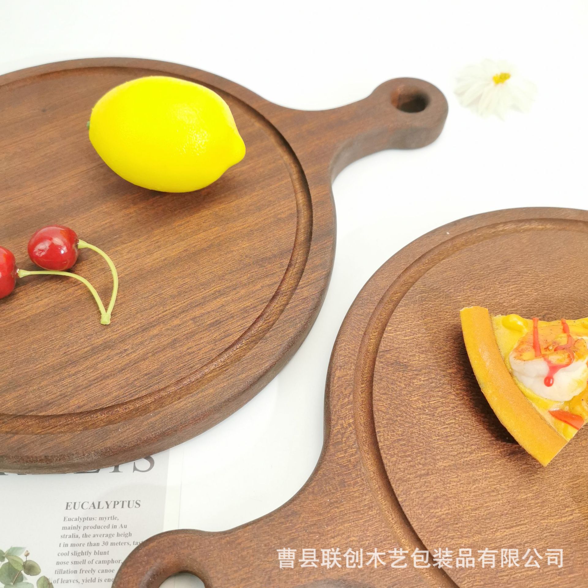 Wooden Tray Western Restaurant Pizza Plate Steak Sushi Plate with Handle Kitchen Tableware Cake Breakfast Fruit Tray
