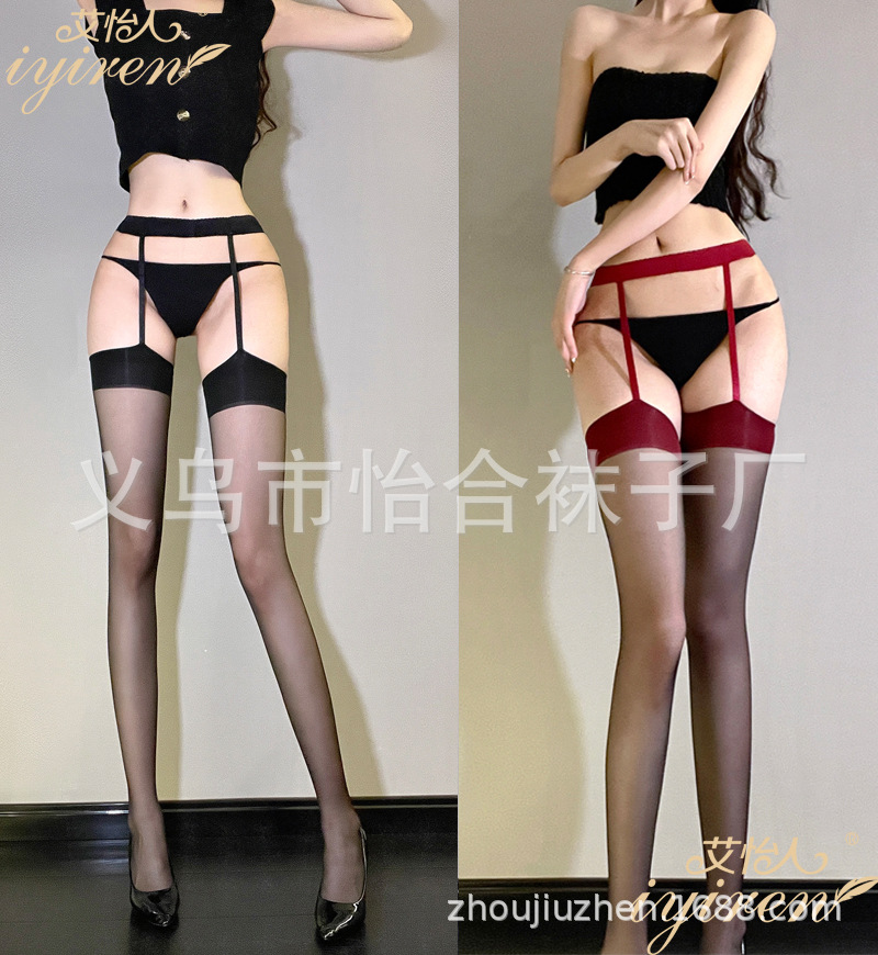 Sexy Red Edge Sling One-Piece Socks Ultra-Thin Red Silk Stockings Women's Contrast Color Red Edge Black Silk Long Pure Desire One-Piece Stockings