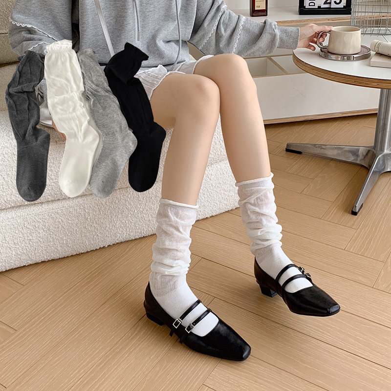 Jk Female Calf Socks Ballet Style White Pure Cotton Lolita Thin and Breathable Miu Style Pure Desire Bunching Socks