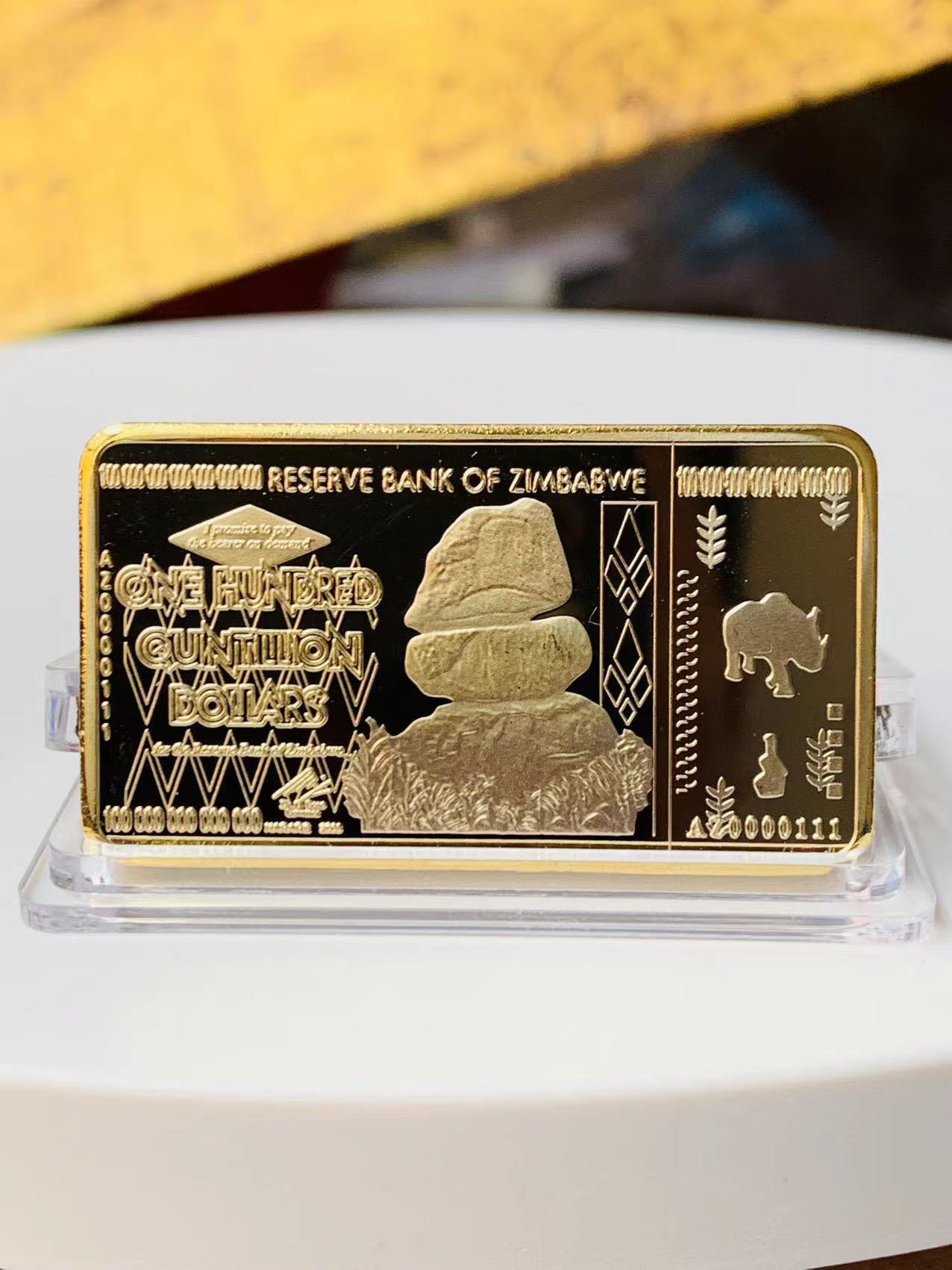 津巴布韦100万亿钱币纪念章方形镀金块 外币方形金属纪念品硬币