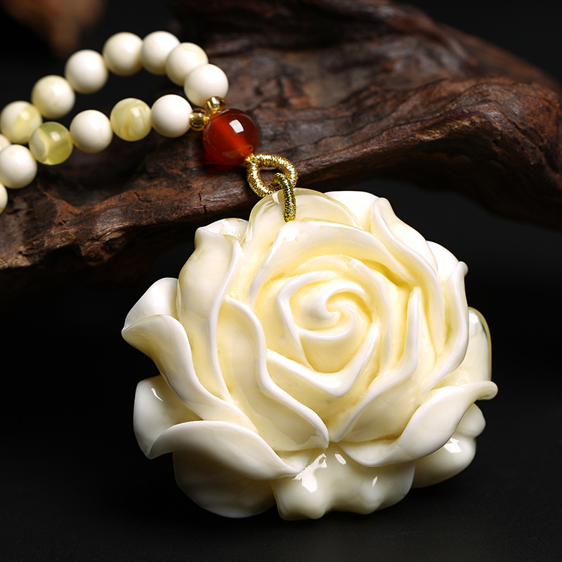 直播二代蜜蜡玫瑰花吊坠加长款老白蜜琥珀挂饰项链挂坠毛衣链女款