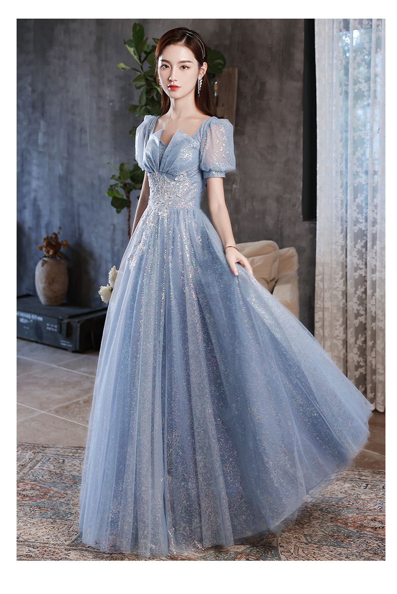 宴会晚礼服裙女2021秋冬新款蓝色洋气礼服裙气质名媛仙气纱裙法式