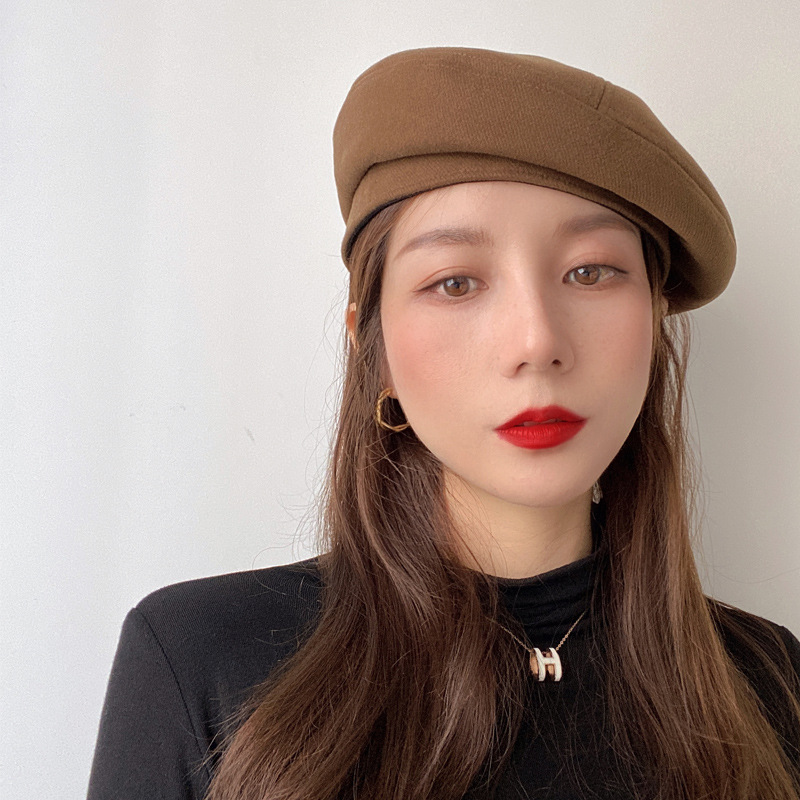 日本复古摩卡色贝雷帽女秋季新款韩版百搭黑色画家帽显脸小八角帽