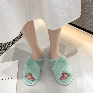 Foreign Trade Fur Cotton Slippers Female 2022 Autumn and Winter New Ladies Flat Open Toe Home Cross Plush Slippers Wholesale