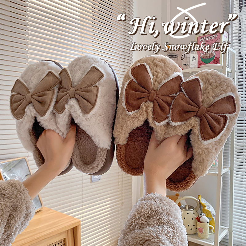 Autumn and Winter New Internet Celebrity Girl Versatile Thermal Home Wear Indoor Non-Slip Couple Soft Bottom Outdoor Bow Cotton Slippers