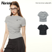Nariele2024韩版夏季皱褶设计纯色显瘦百搭时尚圆领短袖T恤上衣女