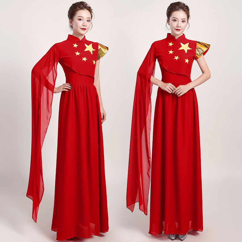 汉虞葵大合唱团演出服女长裙风建党节爱国红歌比赛服装主持人礼服