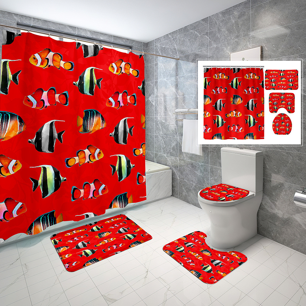 Cross-Border Bathroom Set Digital Printing Toilet Three-Piece Cartoon Fish Waterproof Shower Curtain Four-Piece Set One Piece Dropshipping