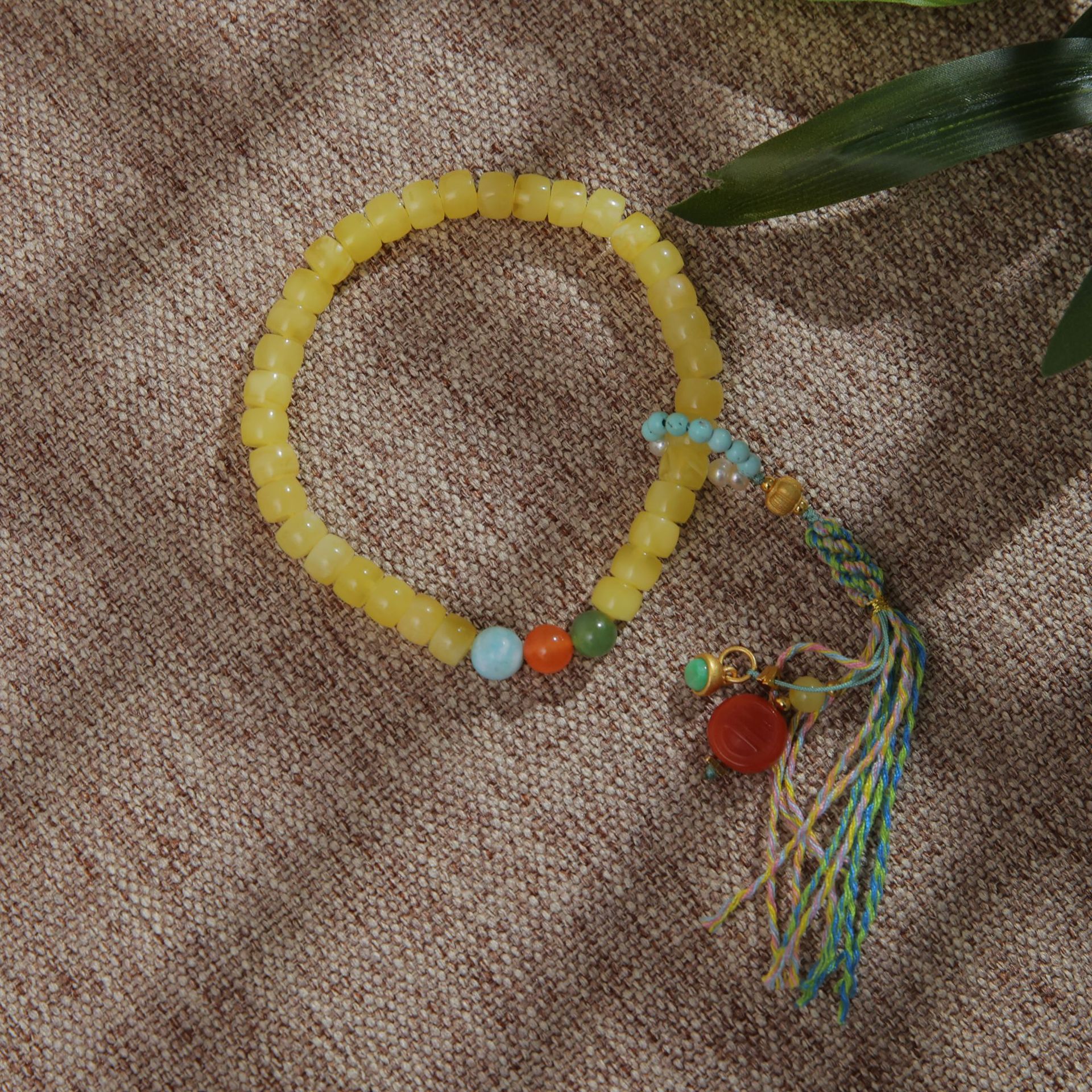 天然蜜蜡手串配绿松石细小流苏手链手工小众设计感民族风文玩手串