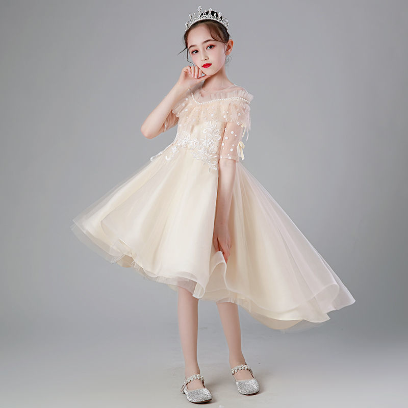 儿童礼服女夏高端晚礼服女童主持人蓬蓬纱花童婚礼女孩白色公主裙