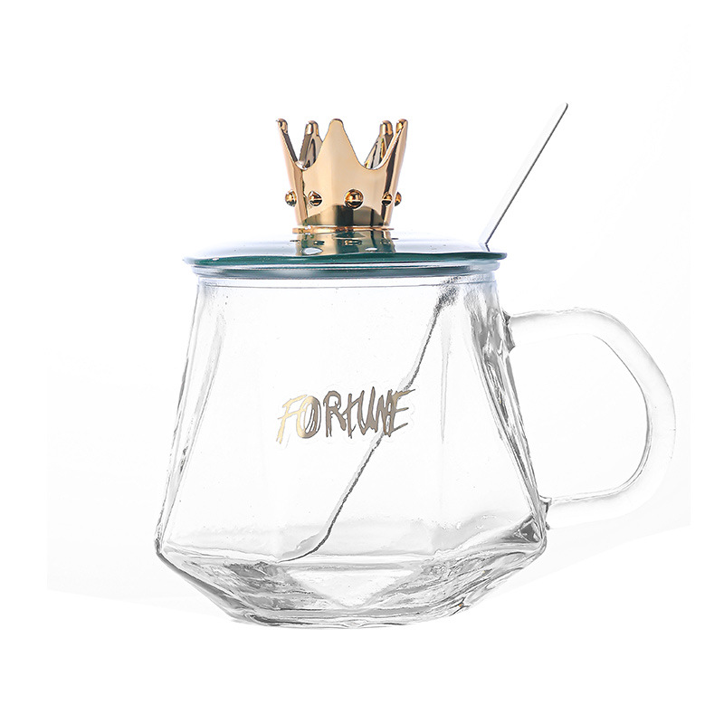 Internet Celebrity Crown Glass Cup Coffee Cup Simple Ins Style Female Water Cup with Handle with Lid Breakfast Cup Transparent Tea Cup
