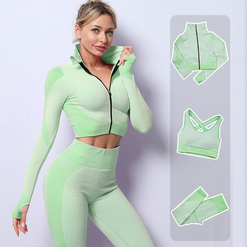 Guangzhou in Stock European and American Hot Seamless Knitted Peach Hip Quick-Drying Fitness Sports Zipper Running Yoga Clothes Suit