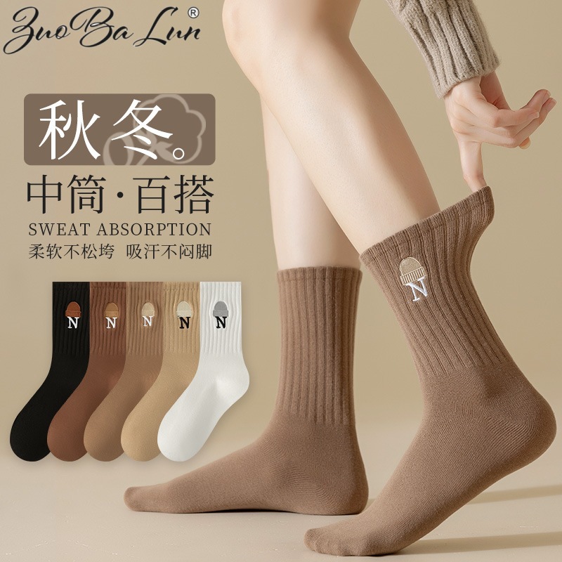 袜子女韩版中筒袜春秋高筒提花棉袜日系潮流刺绣堆堆袜秋冬长筒袜