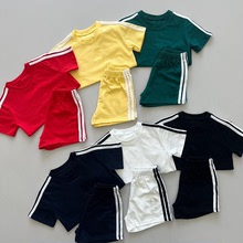 韩国童装男女童字母短袖短裤夏季儿童圆领T恤男童简约刺绣两件套
