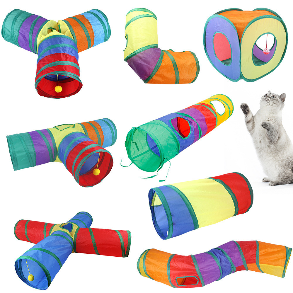 跨境厂家宠物猫隧道 猫咪彩虹三通道 互动猫玩具钻桶可折叠猫玩具