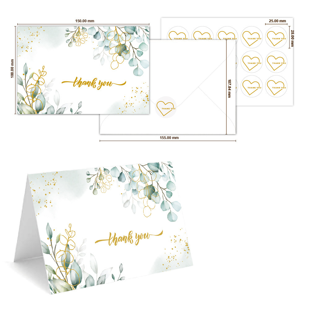 跨境感谢贺卡套装烫金空白英文ins对折带信封婚礼问候感谢卡片