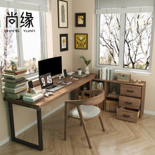 G3YN实木转角书桌书柜组合一体 家用拐角双人办公桌卧室l型角落电